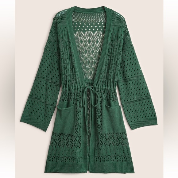 BloomChic Plus Size  3XL Solid Drawstring Pocket Hollow Out Cardigan - Picture 7 of 8